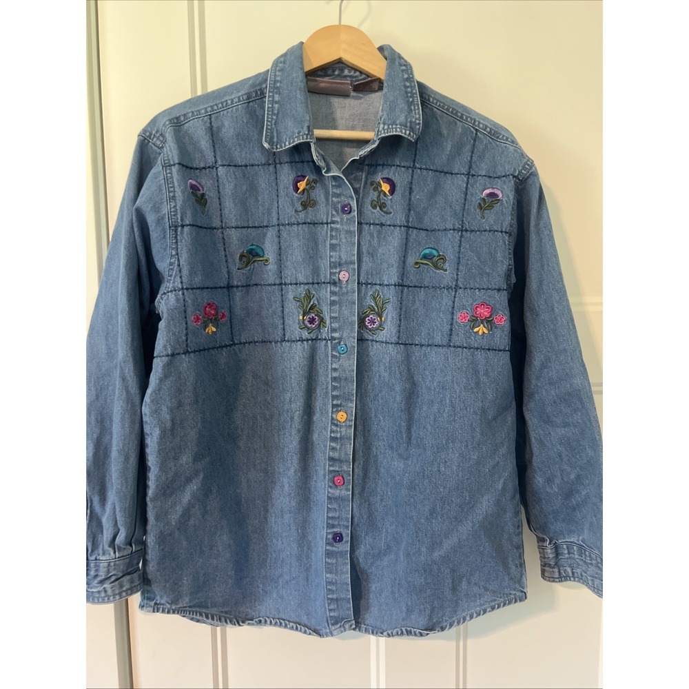 Vintage Premier Int'l Floral Embroidered Chambray Denim Button Up Shirt Size S
